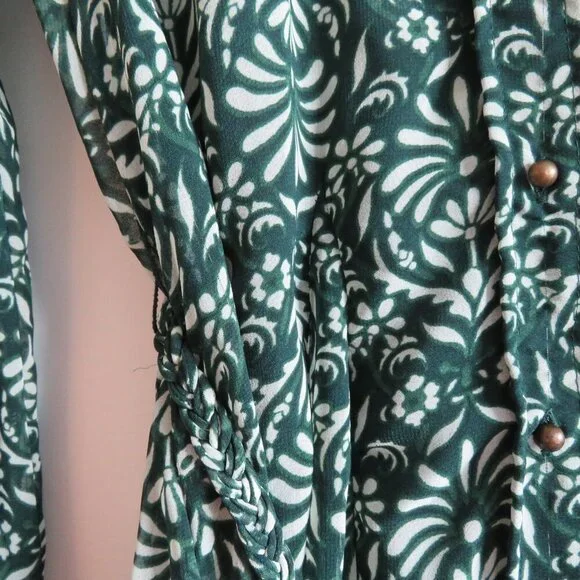 ZARA Sheer Leaf Print Belted Button Front Dress in Forest Green Boho - Size S - Picture 9 of 16
